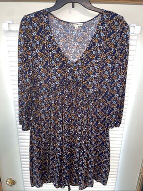 Jane and Delancey Navy Floral 3/4 Sleeve Dress with Blue and Mustard Print